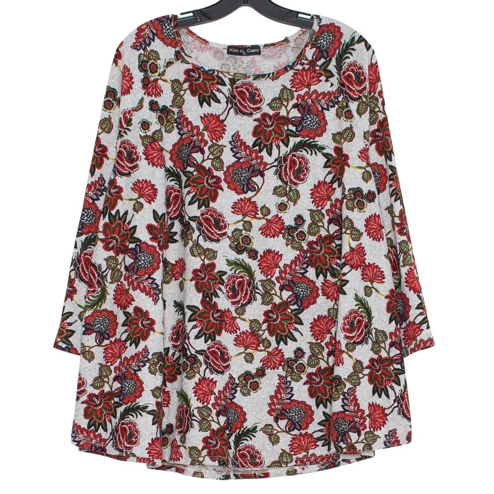 Kim & Cami Top 3/4 Sleeve Floral Boho Cottage Casualā Romantic Rose Gray Red 2X
